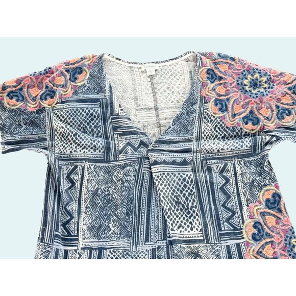 SUNDANCE Boho Short Sleeve V Neck Embroidered T Shirt Top Blouse Sz XL - Picture 3 of 8